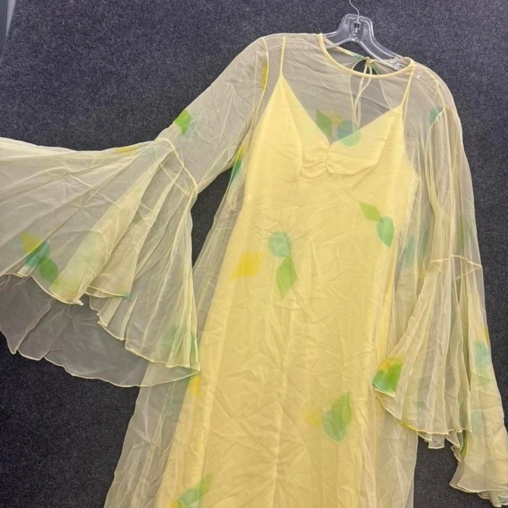 Sheer Lemon Print Fairy Sleeve Dress Women's Size M Romantic 70s READ